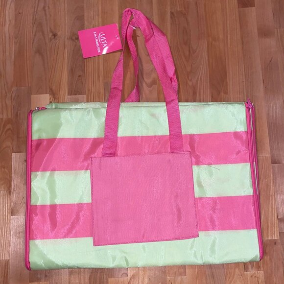 Ulta bright pink and yellow stripe 2 in 1 nylon beach travel tote bag NWT - Picture 1 of 5
